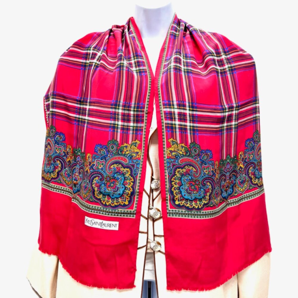 Beautiful Yves Saint Laurent YSL  Silk Satin Scarf 60"x15" Red Green Fringe (22 - Picture 4 of 14
